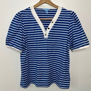 Woman’s Draper James Blouse Top Cotton Nautical Blue White Striped‎ Gold Button